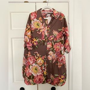 NWT Soft Surroundings cotton tunic shirt rose print; long button cuff sleeves